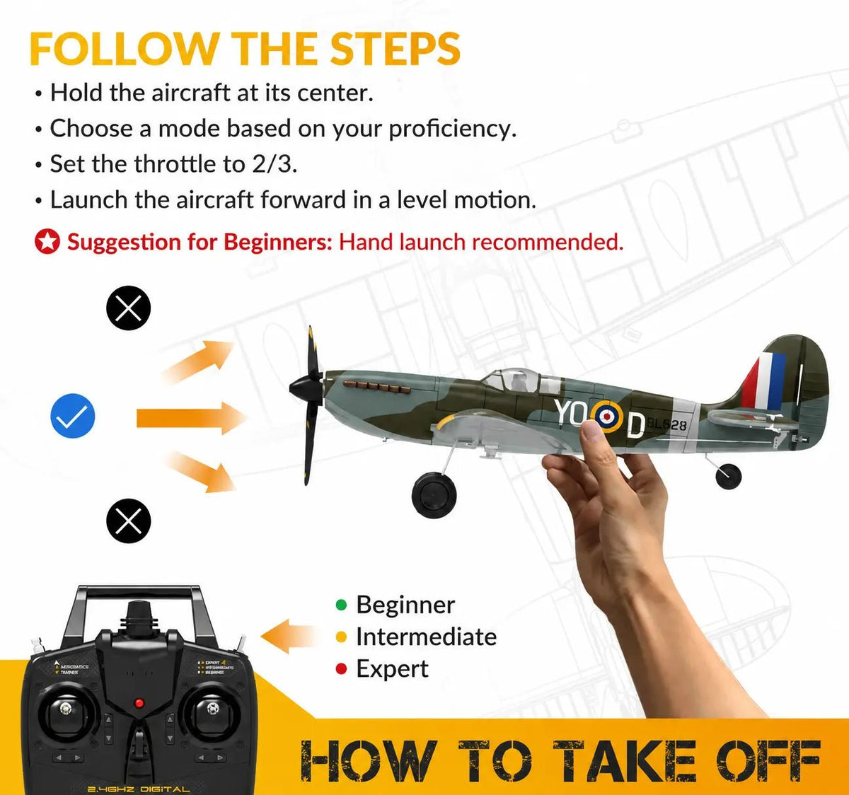 Volantex Spitfire RC Plane 400mm EPP 4CH 2.4G RTF Warbird - Rc Aircraft Base